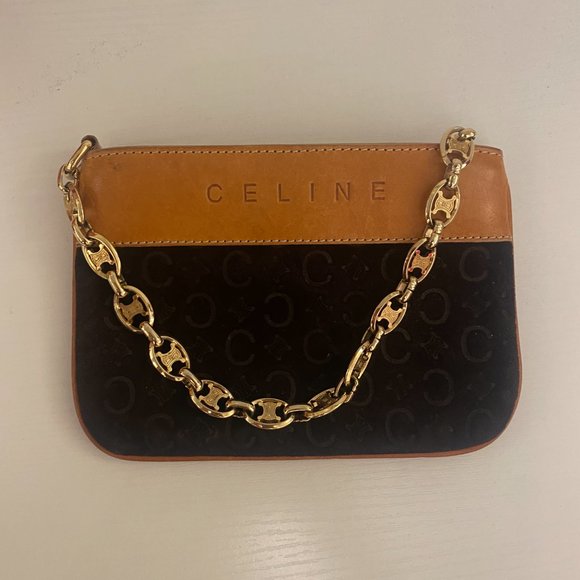 Celine Suede and Leather Clutch Purse with Gold Chain Strap - Picture 4 of 7